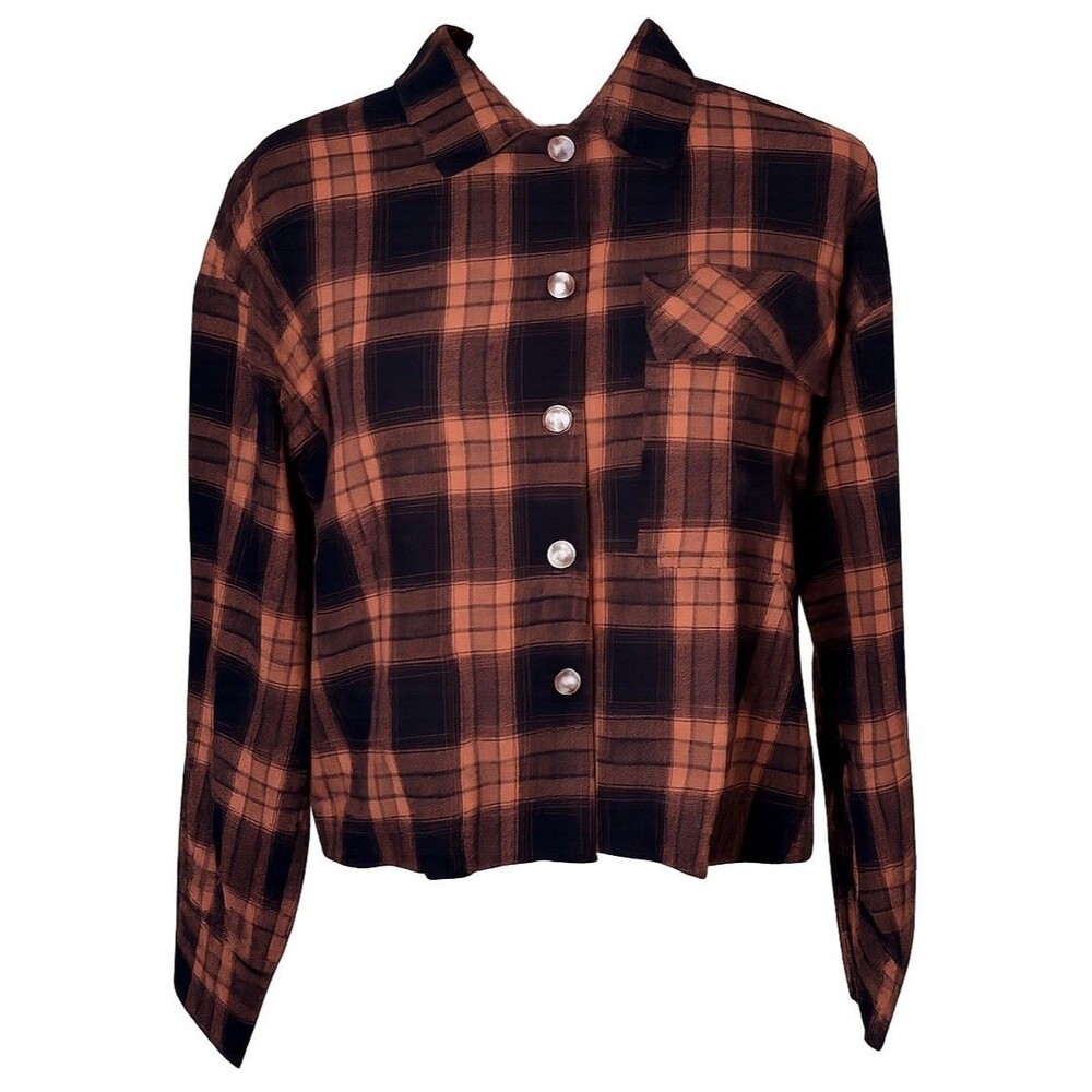Women Rustic Cabincore Plaid Cropped Soft‎ Flannel Shirt Boxy Grunge Size Medium